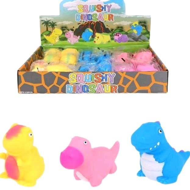 Dinosaur Squeeze Toy - 6 Assorted Designs in Pastel Blue Pink Yellow