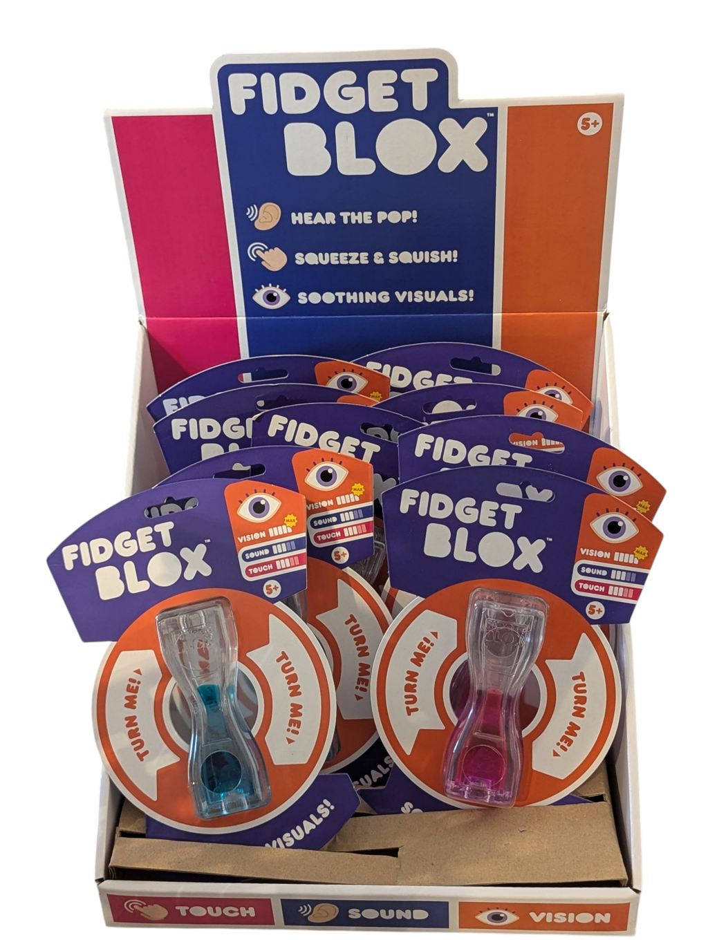 Fidget Blox Squeeze and Squish - Pink or Blue Sensory Fidget Toy with Soothing Visuals, Sound & Touch Effects Age 5+